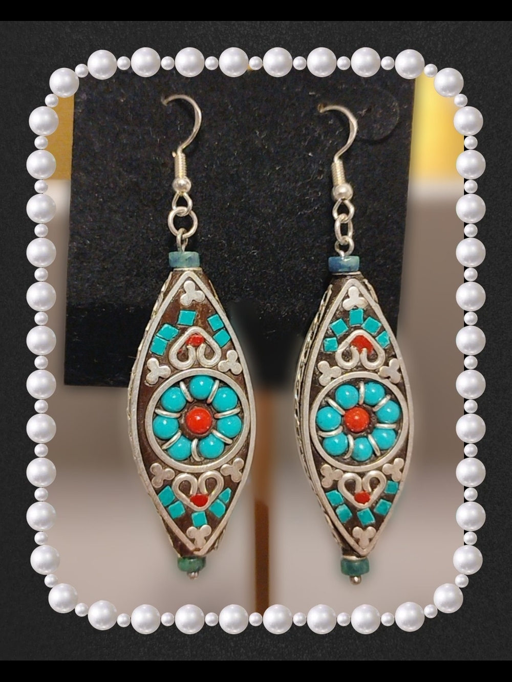 Tibetan Turquoise & Coral Handmade Sterling Long Drop Earrings
